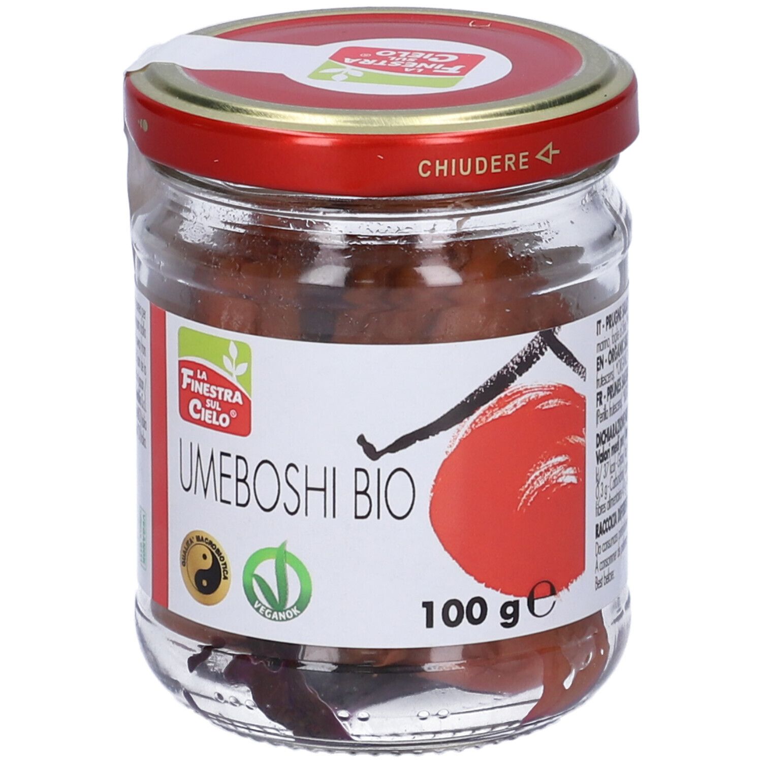 Vasetto di Umeboshi Bio, coperchio rosso. Etichetta con logo, testo e 100 g. Contenuto visibile.
