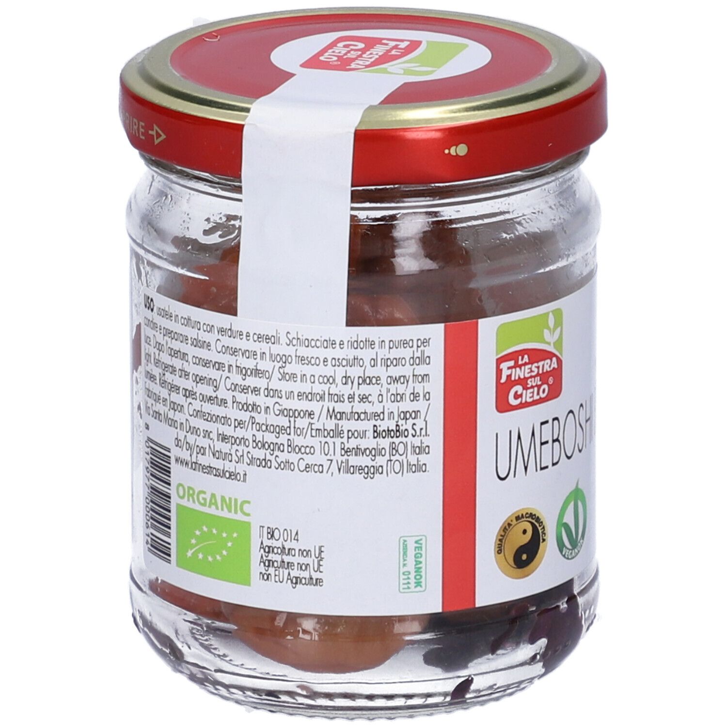 Vasetto di Umeboshi Bio, coperchio rosso. Etichetta con logo, testo e 100 g. Contenuto visibile.