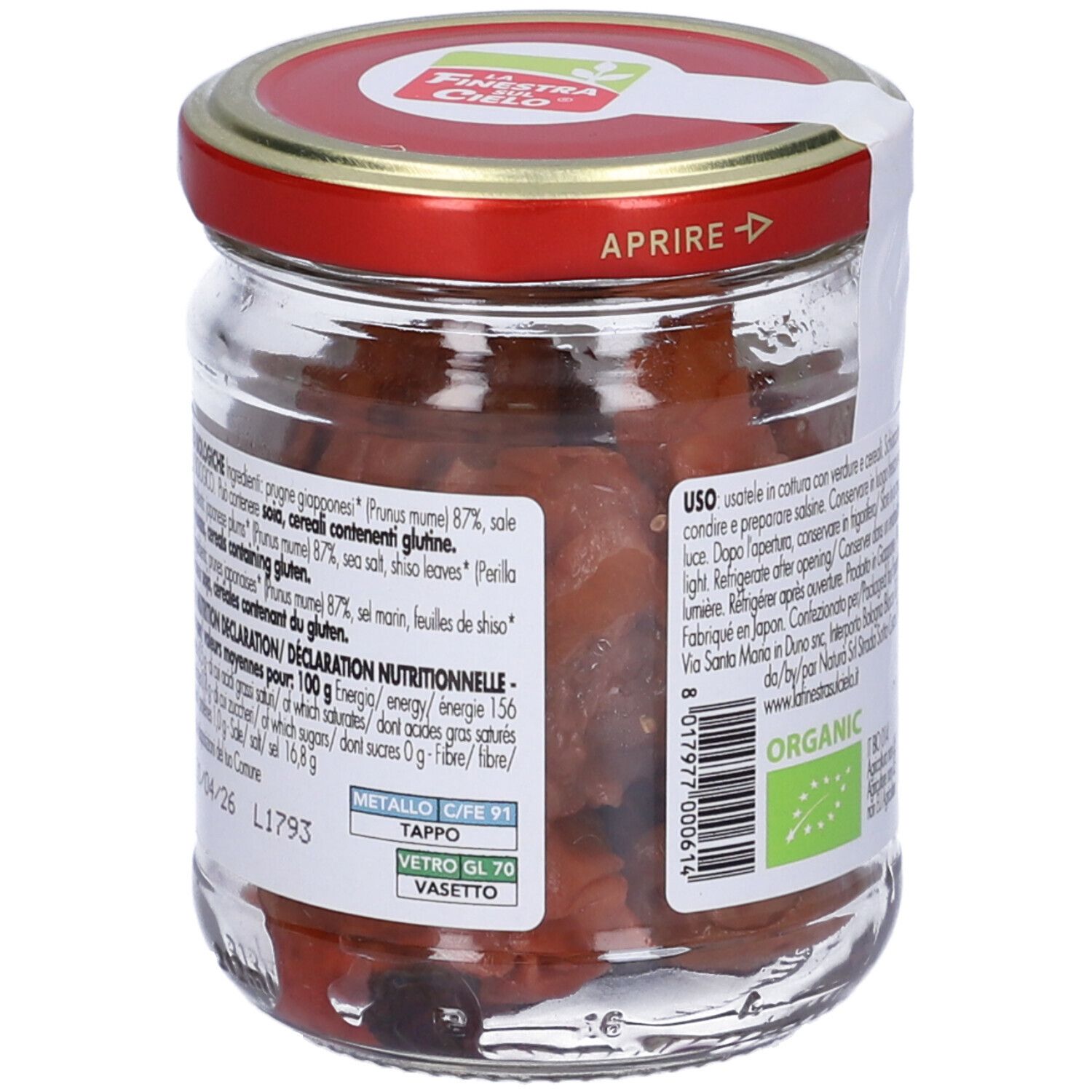 Vasetto di Umeboshi Bio, coperchio rosso. Etichetta con logo, testo e 100 g. Contenuto visibile.