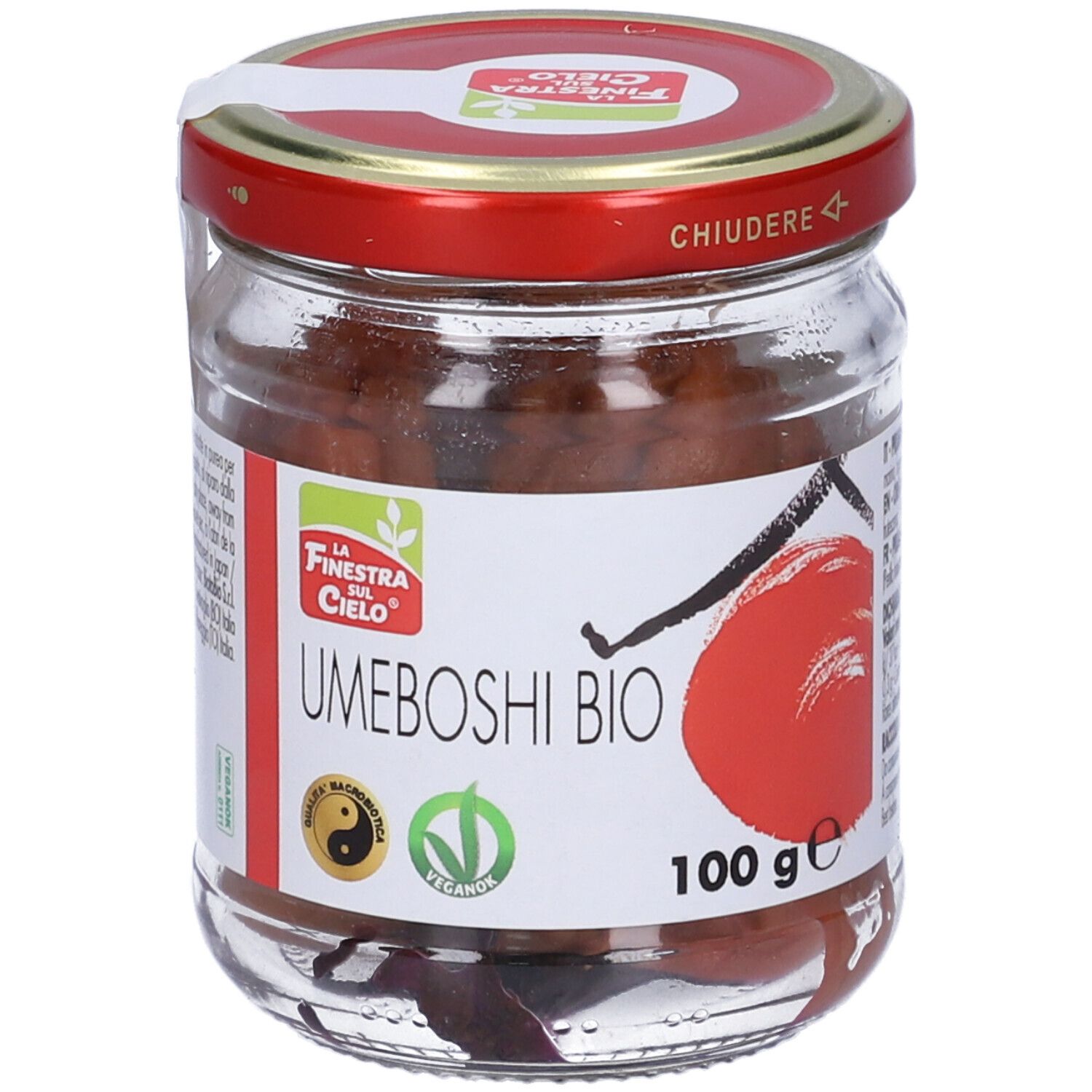 Vasetto di Umeboshi Bio, coperchio rosso. Etichetta con logo, testo e 100 g. Contenuto visibile.