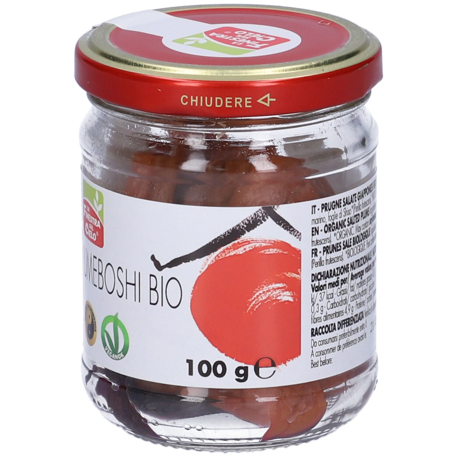 Vasetto di Umeboshi Bio, coperchio rosso. Etichetta con logo, testo e 100 g. Contenuto visibile.