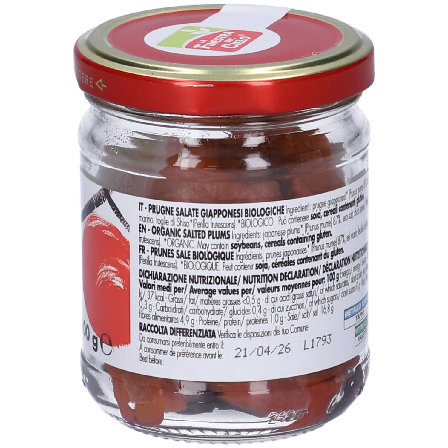 Vasetto di Umeboshi Bio, coperchio rosso. Etichetta con logo, testo e 100 g. Contenuto visibile.