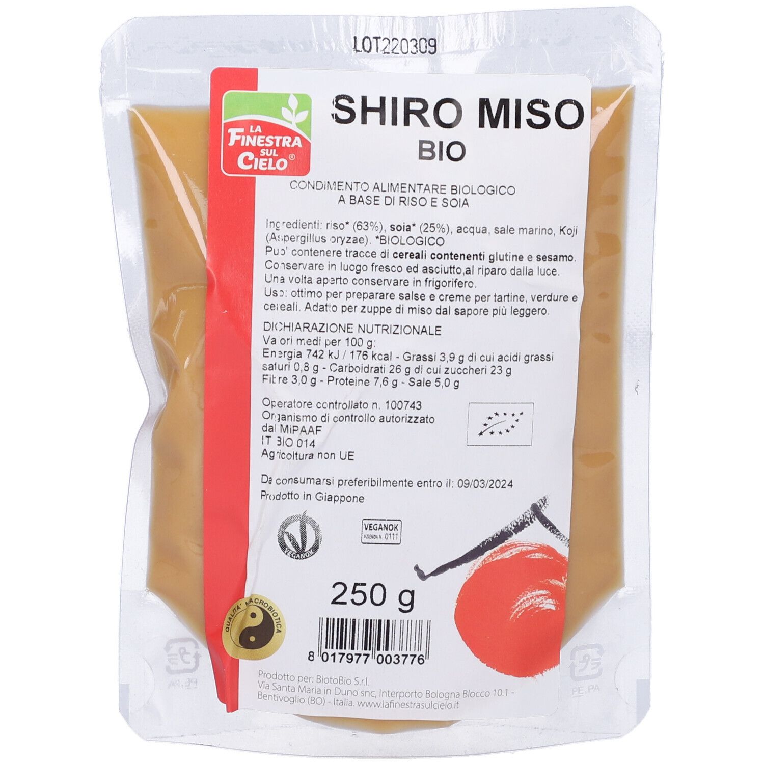 Confezione di Shiro Miso Bio. Scritte: marchio, nome prodotto, ingredienti, valori nutrizionali, marchio bio, 250 g.