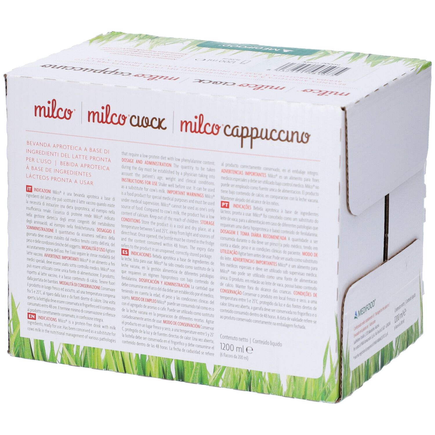 Scatola Milco con testi multilingue. Scritte: Milco, Milco Ciock, Milco Cappuccino.