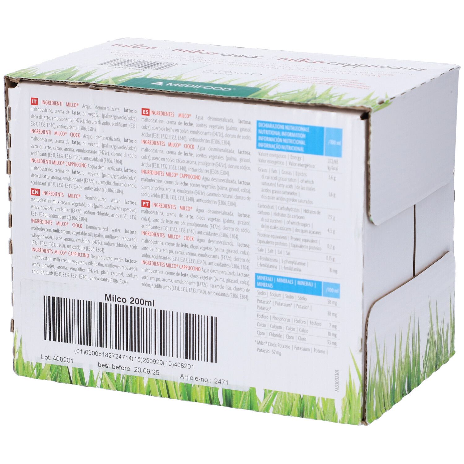 Retro della scatola Milco. Testo multilingue. Scritta: Milco 200ml. Informazioni nutrizionali.
