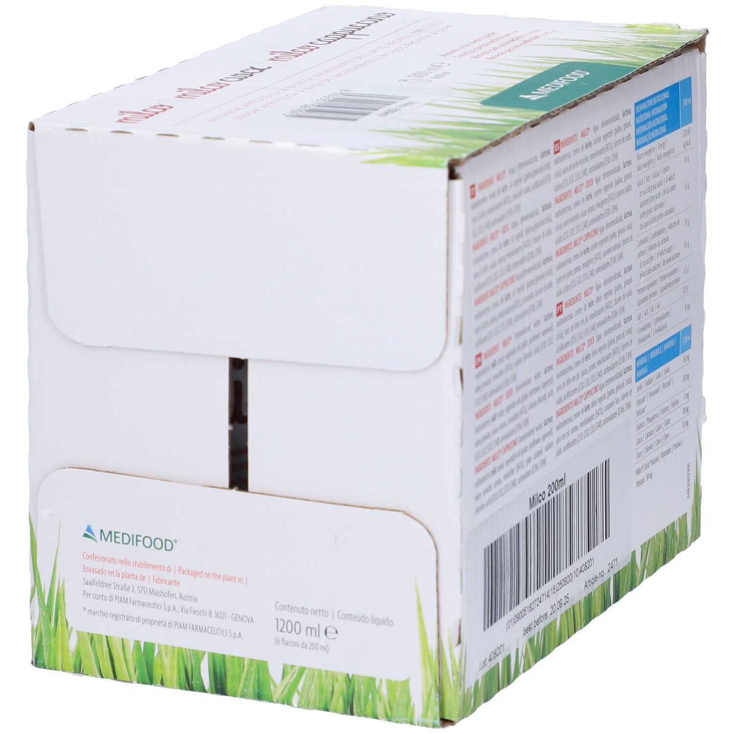 Lato della scatola Milco. Scritta: Milco 200ml. Testo multilingue. Logo MEDIFOOD.