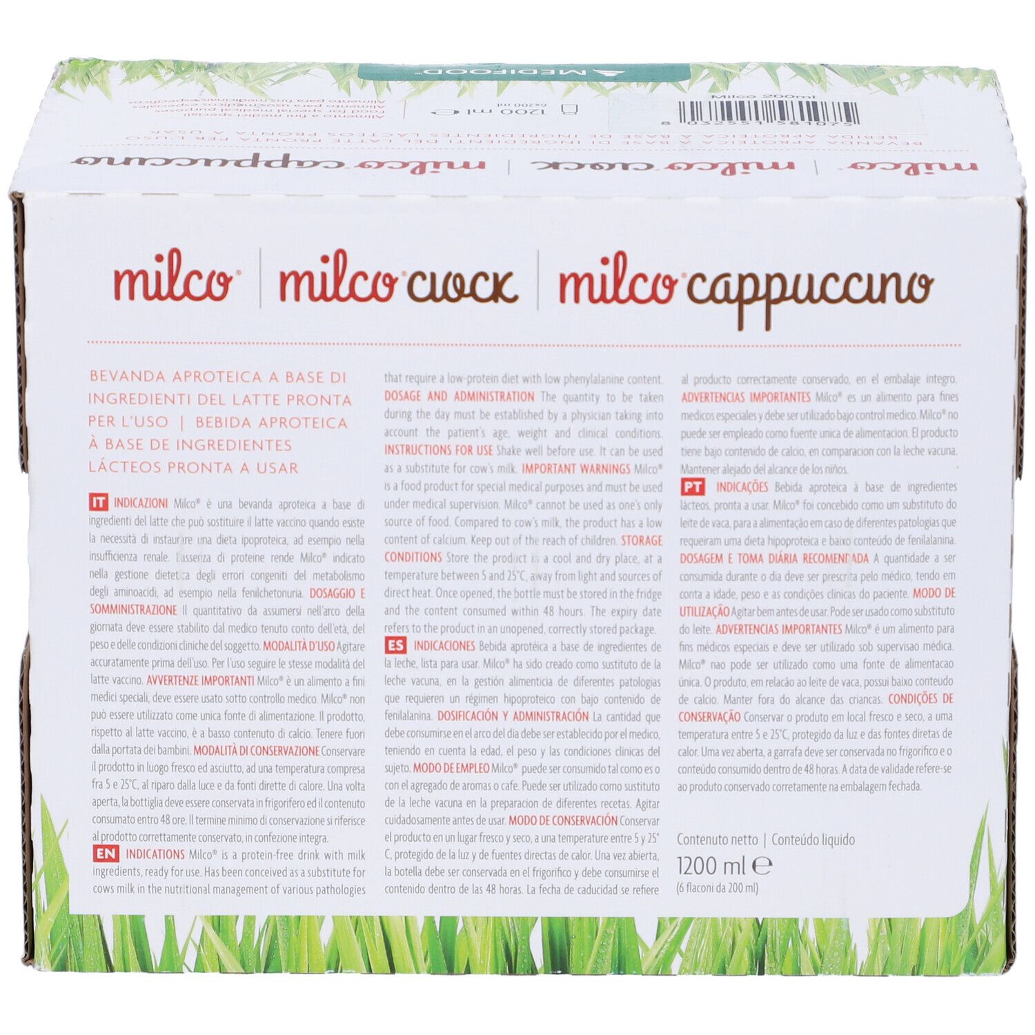 Retro della scatola Milco. Scritte: Milco, Milco Ciock, Milco Cappuccino. Testo multilingue.