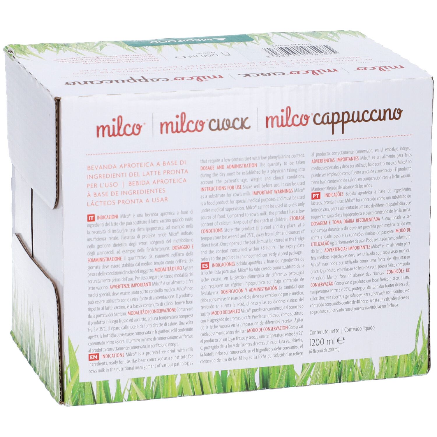 Retro della scatola Milco. Scritte: Milco, Milco Ciock, Milco Cappuccino. Testo multilingue.