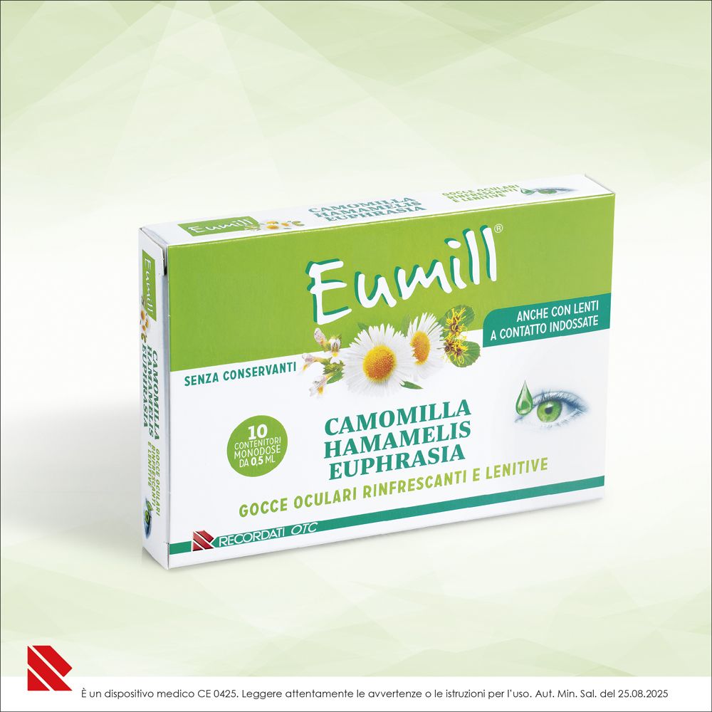 Confezione Eumill® da 10 flaconcini monodose sterili di gocce oculari, Camomilla, Hamamelis, Euphrasia.