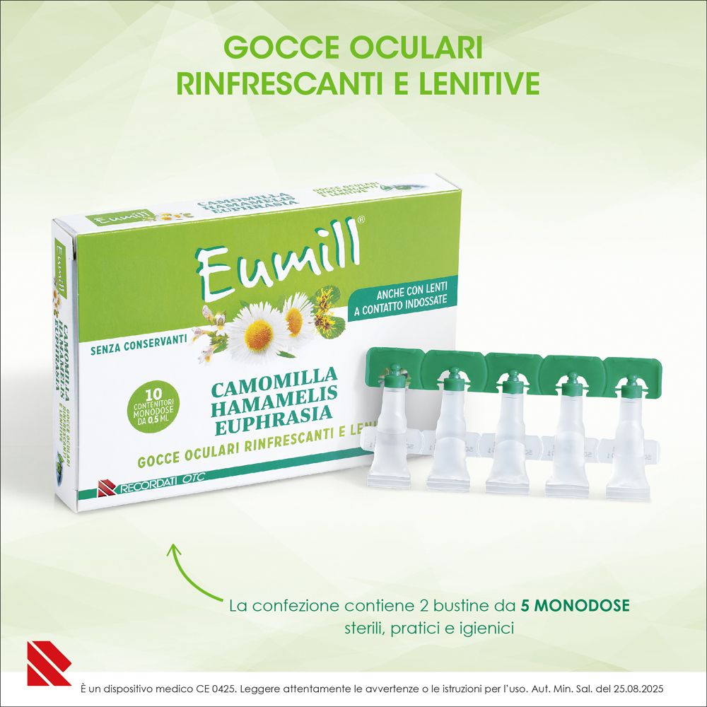 Confezione Eumill® da 10 gocce oculari monodose e 5 flaconcini sterili.