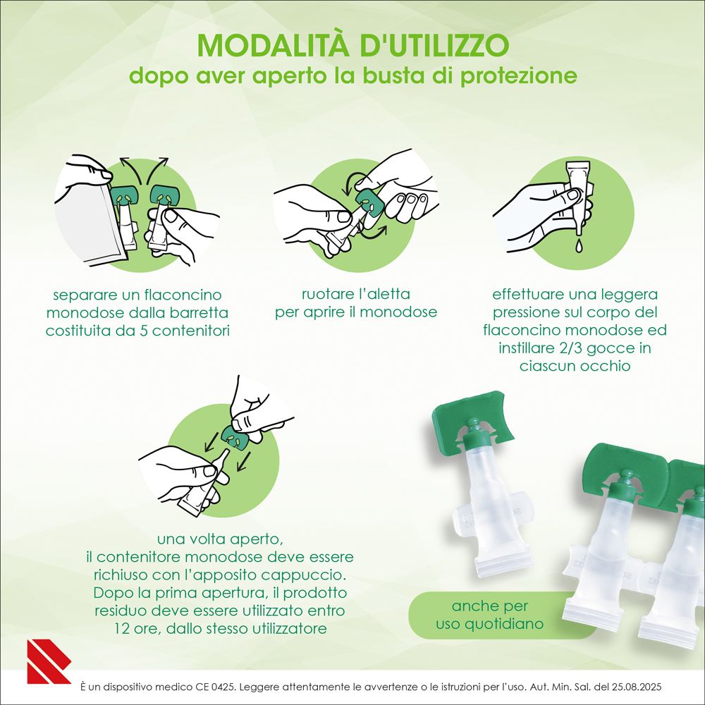 Istruzioni per l'uso delle gocce oculari Eumill® monodose.