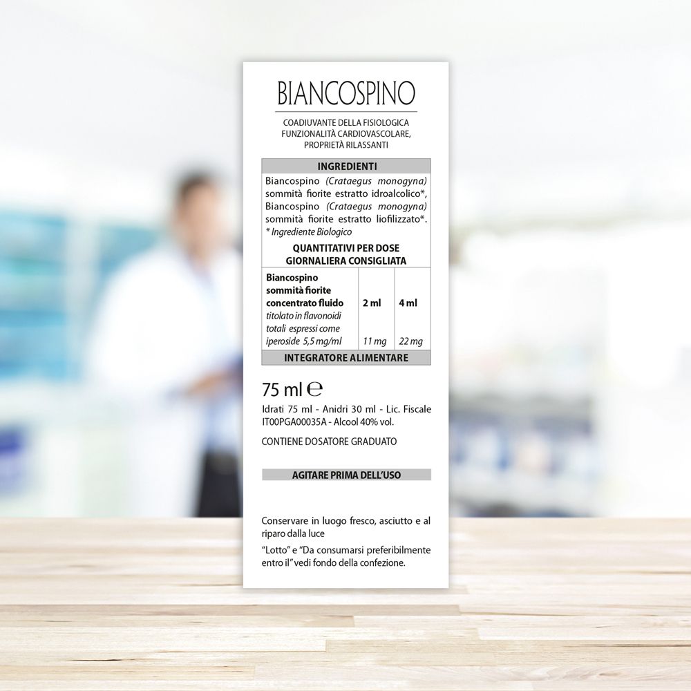 Retro della confezione del prodotto. Testo con ingredienti e dosaggio. Marchio Biancospino, 75 ml.