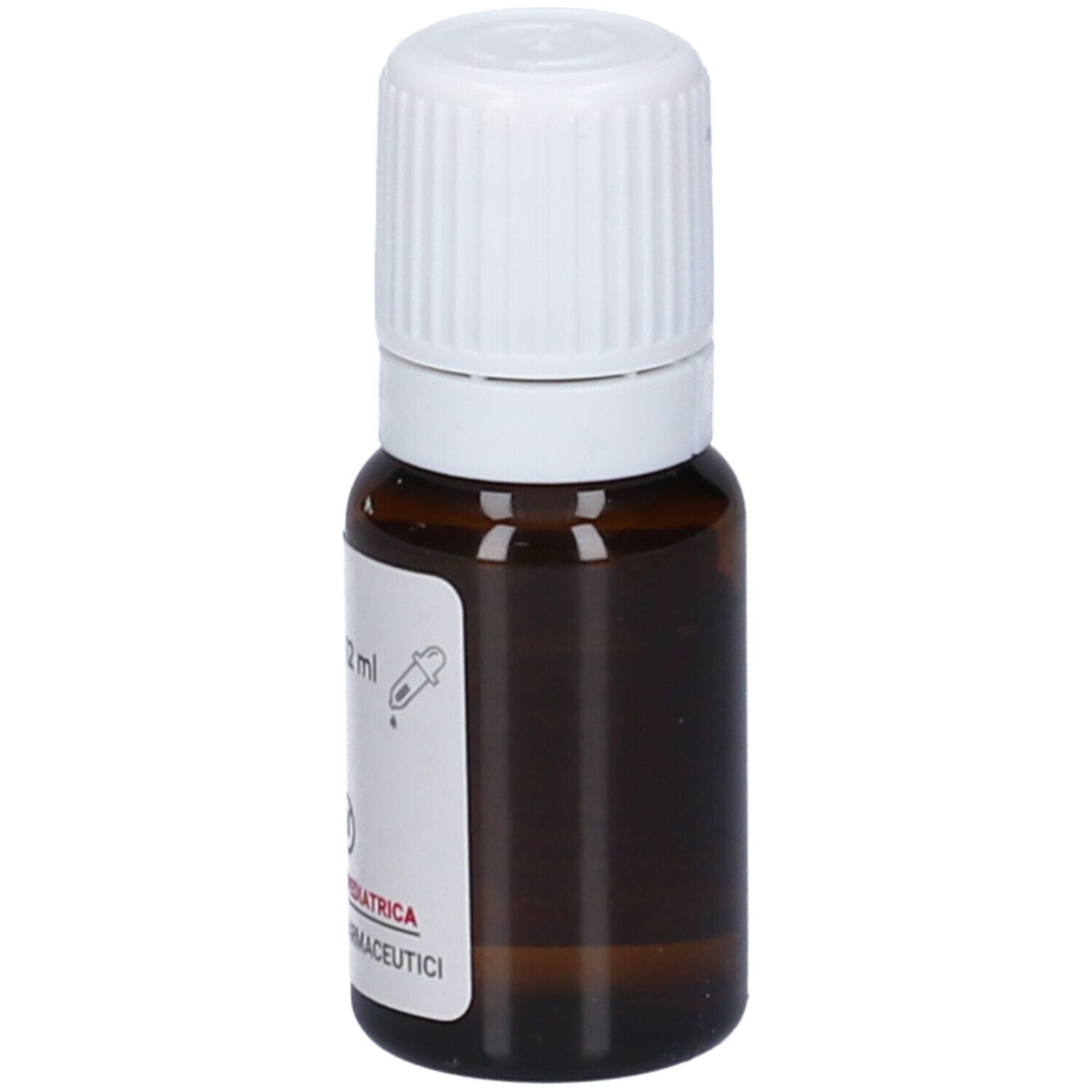 Flacone di vetro marrone con tappo bianco. Etichetta bianca con testo e simbolo contagocce. Scritta: gocce 12 ml.