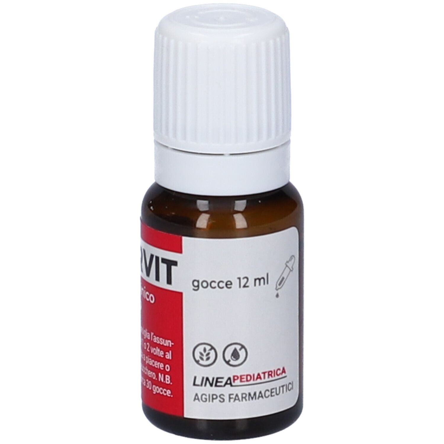 Flacone di vetro marrone con tappo bianco. Etichetta con PUERVIT, gocce 12 ml, simbolo contagocce e loghi.