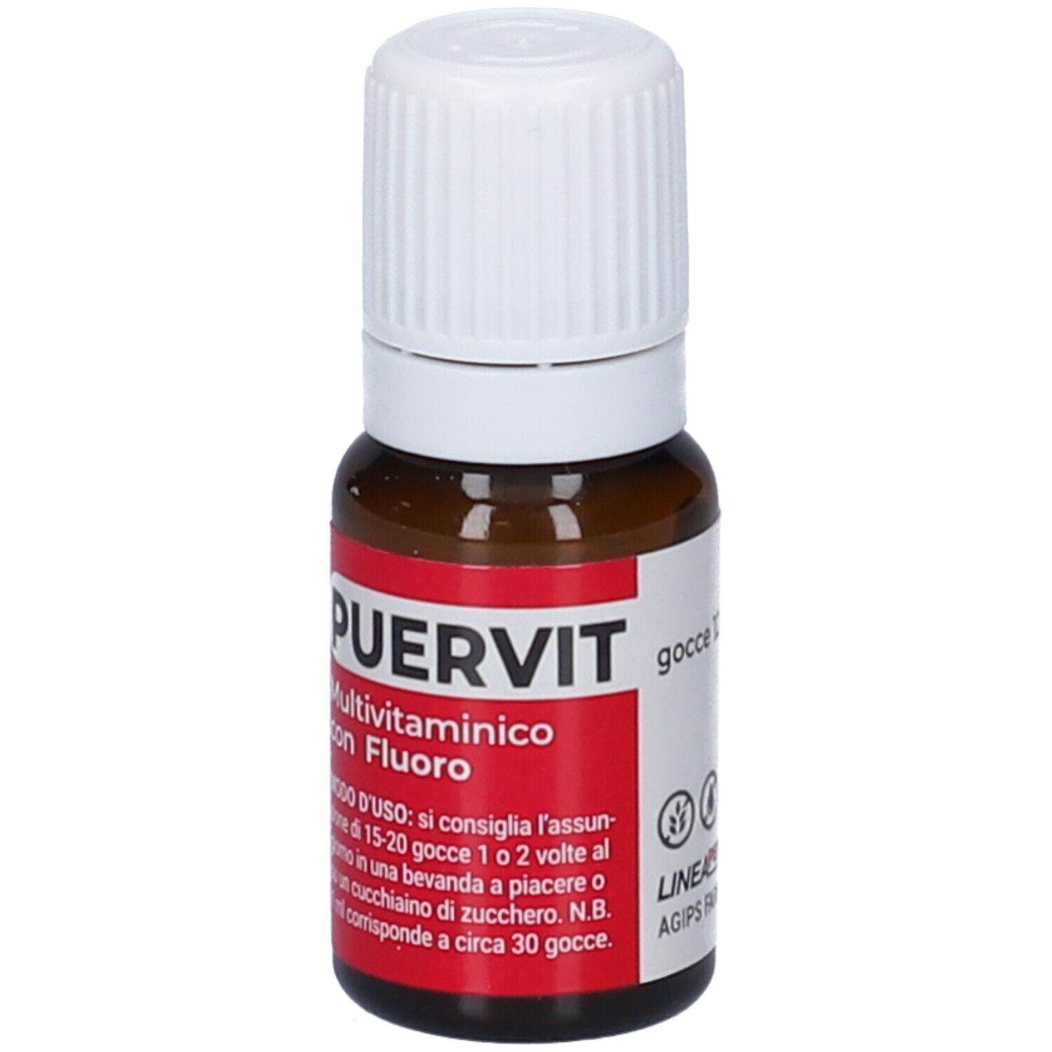 Flacone di vetro marrone con tappo bianco. Etichetta rossa con PUERVIT, Multivitaminico con Fluoro. Gocce.