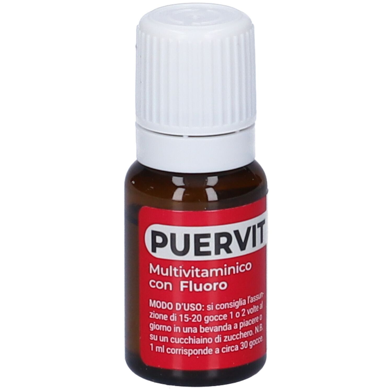Flacone di vetro marrone con tappo bianco. Etichetta rossa con PUERVIT, Multivitaminico con Fluoro. Gocce.