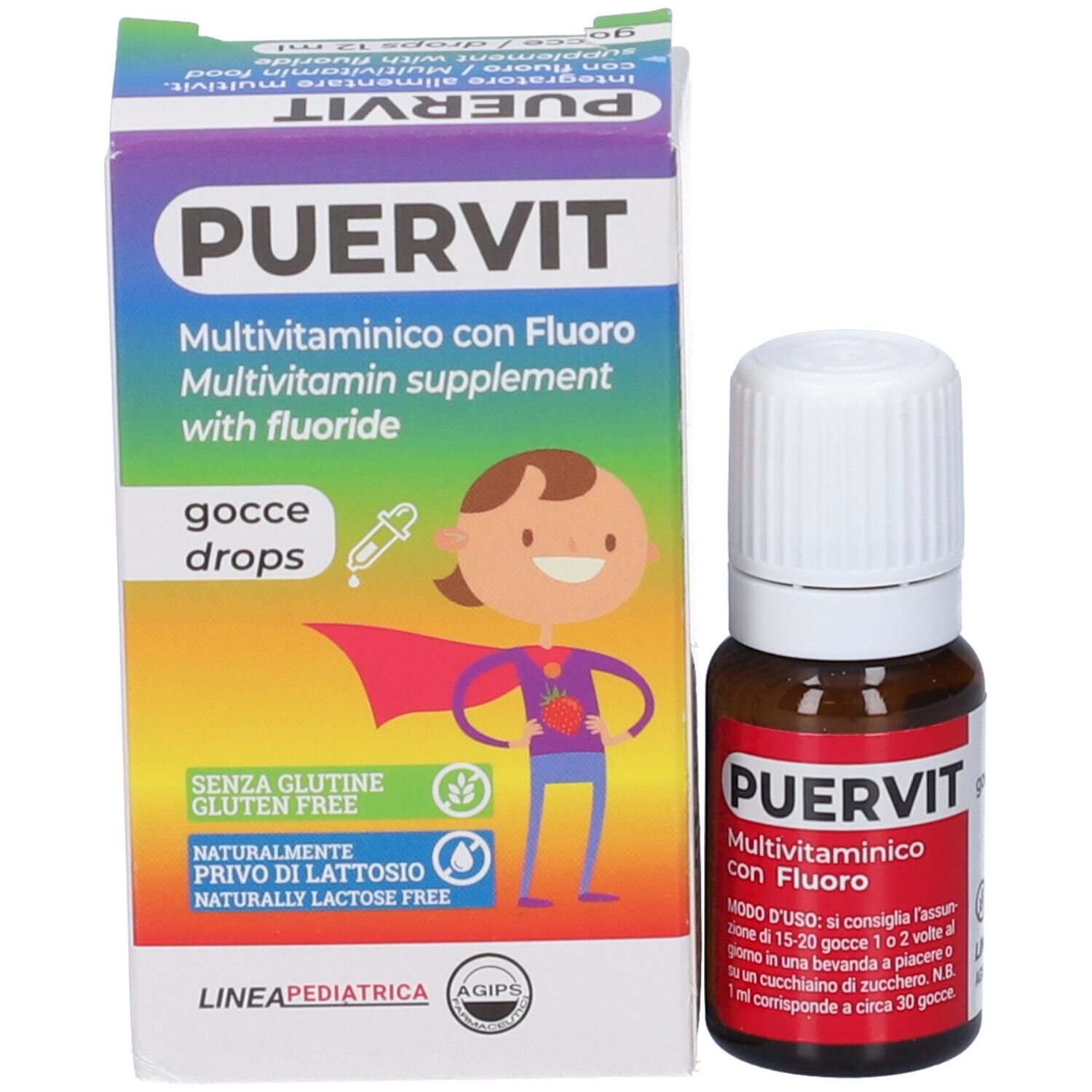 Confezione e flacone. Confezione con PUERVIT, Multivitaminico con Fluoro. Flacone con tappo bianco.