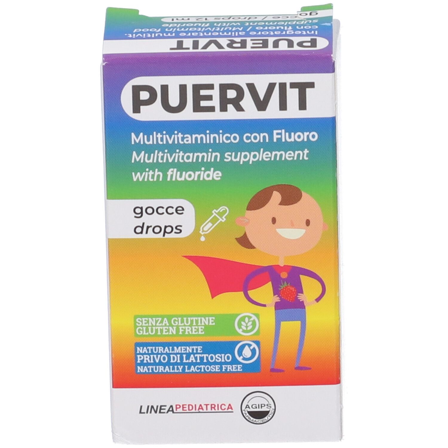 Confezione del prodotto con PUERVIT, Multivitaminico con Fluoro. Illustrazione di un bambino. Senza glutine, senza lattosio.