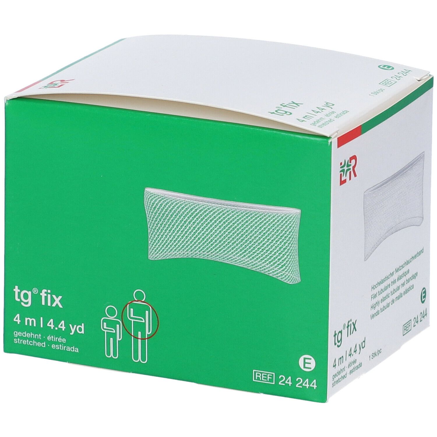 tg® fix, benda tubulare elastica da 4 m in confezione verde. Tessuto a rete bianco visibile. Logo L&R.