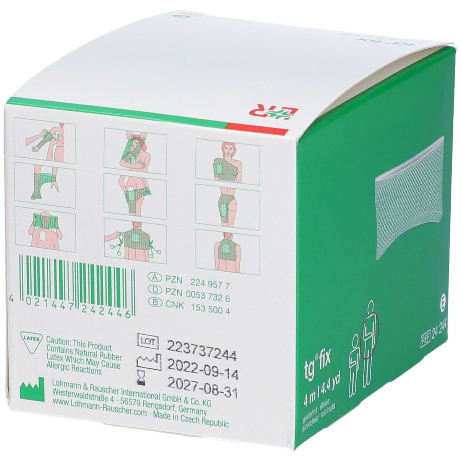 Retro della confezione tg® fix. Informazioni sul prodotto, esempi di utilizzo, numero di lotto, data di scadenza, produttore.