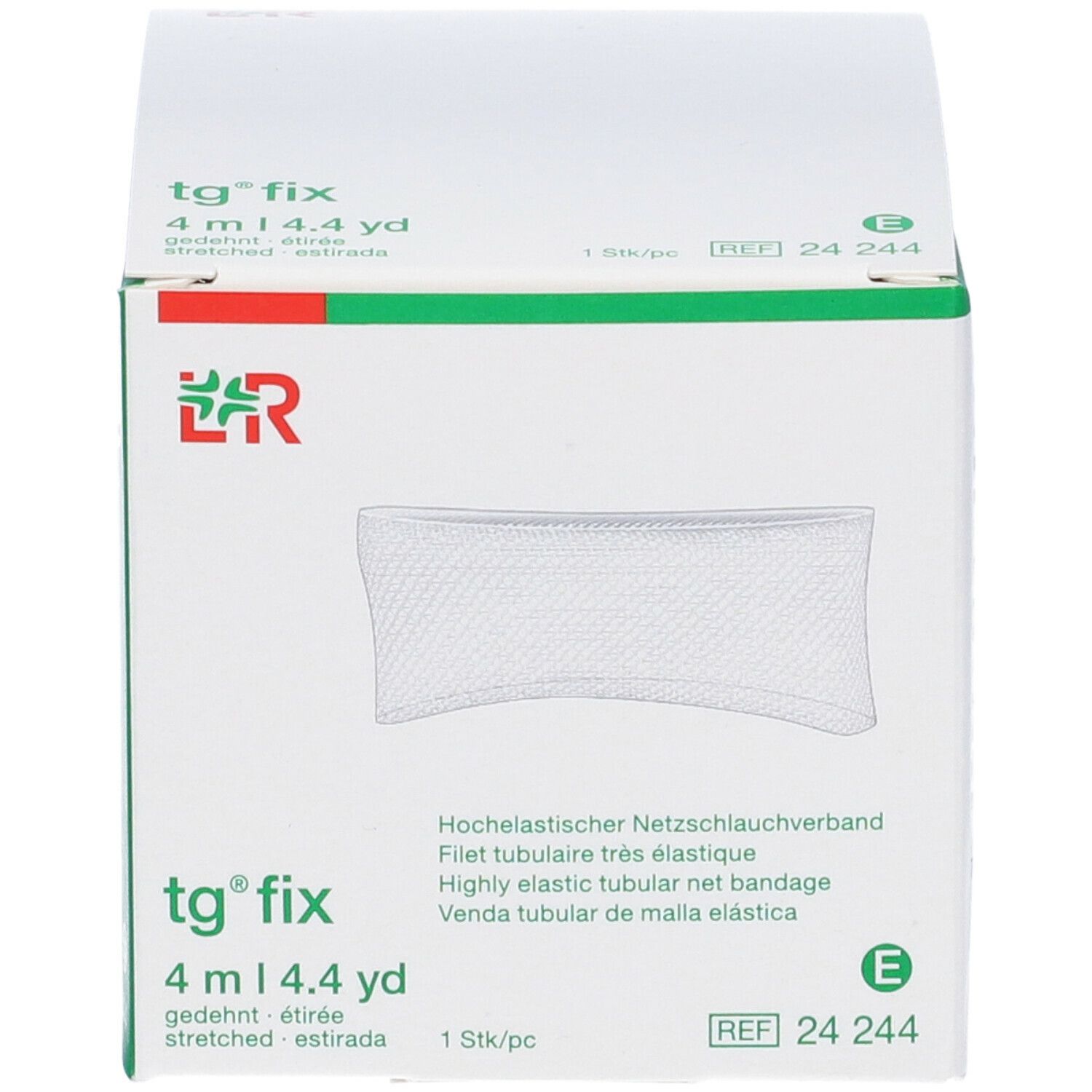 tg® fix, benda tubulare elastica da 4 m in confezione. Tessuto a rete bianco visibile. Logo L&R.