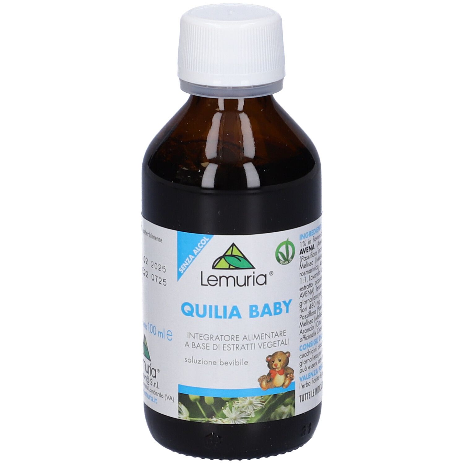 Flacone di vetro marrone con tappo bianco. Etichetta con nome e logo del prodotto. Testo: 'Quilia Baby'. Illustrazione di un orsacchiotto.