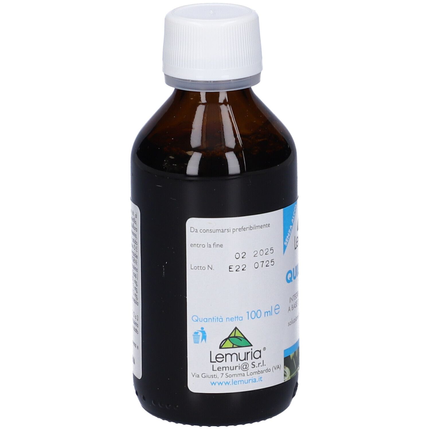 Flacone di vetro marrone con tappo bianco. Etichetta con nome e logo del prodotto. Testo: 'Quilia Baby'. Illustrazione di un orsacchiotto.