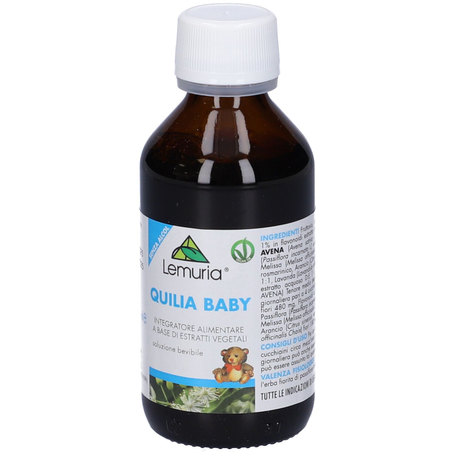 Flacone di vetro marrone con tappo bianco. Etichetta con nome e logo del prodotto. Testo: 'Quilia Baby'. Illustrazione di un orsacchiotto.