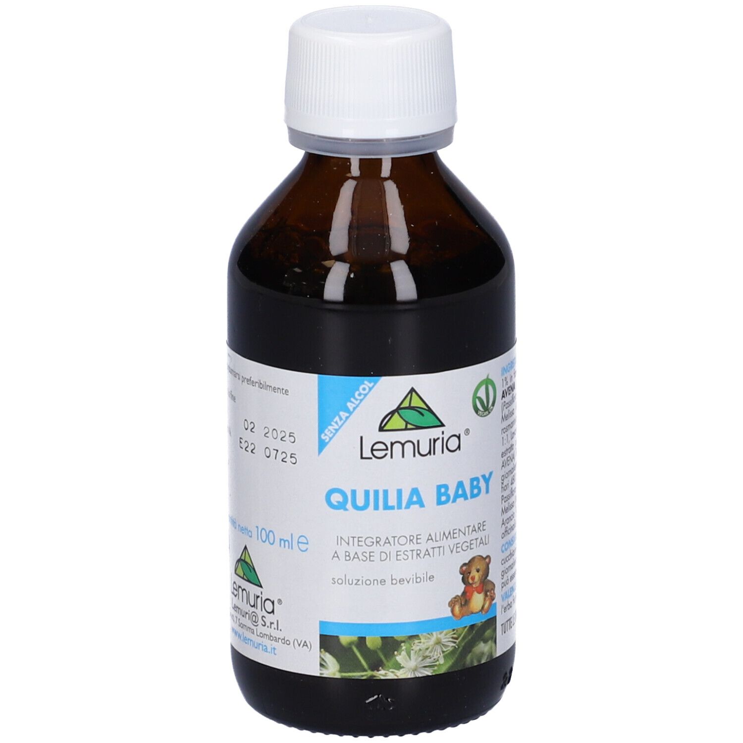 Flacone di vetro marrone con tappo bianco. Etichetta con nome e logo del prodotto. Testo: 'Quilia Baby'. Illustrazione di un orsacchiotto.