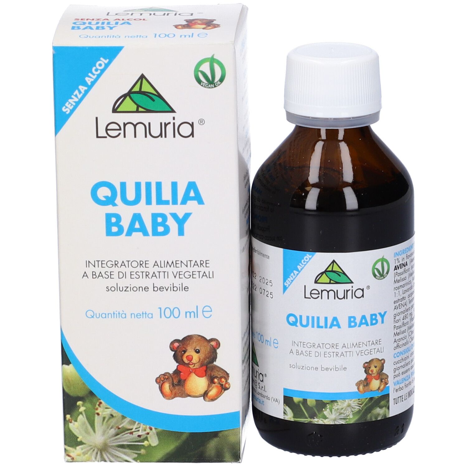 Confezione e flacone del prodotto. Flacone con tappo bianco. Etichetta con nome e logo del prodotto. Testo: 'Quilia Baby'. Orsacchiotto.