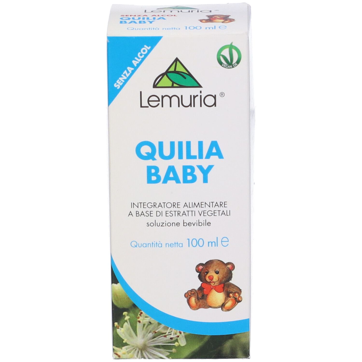 Confezione del prodotto. Testo: 'Quilia Baby'. Logo e nome del prodotto. Immagine di un orsacchiotto. Design verde e bianco. 'Senza alcool'.