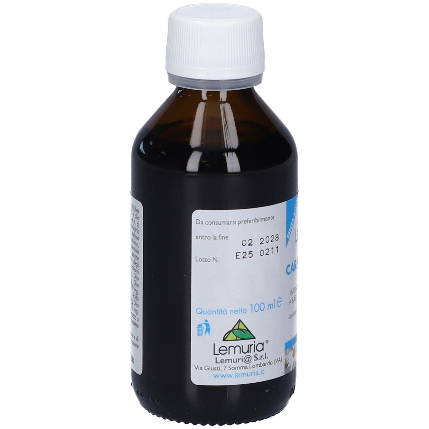 Flacone marrone con tappo bianco. Scritta: Carminò Baby, Lemuria. Etichetta con data di scadenza e logo.