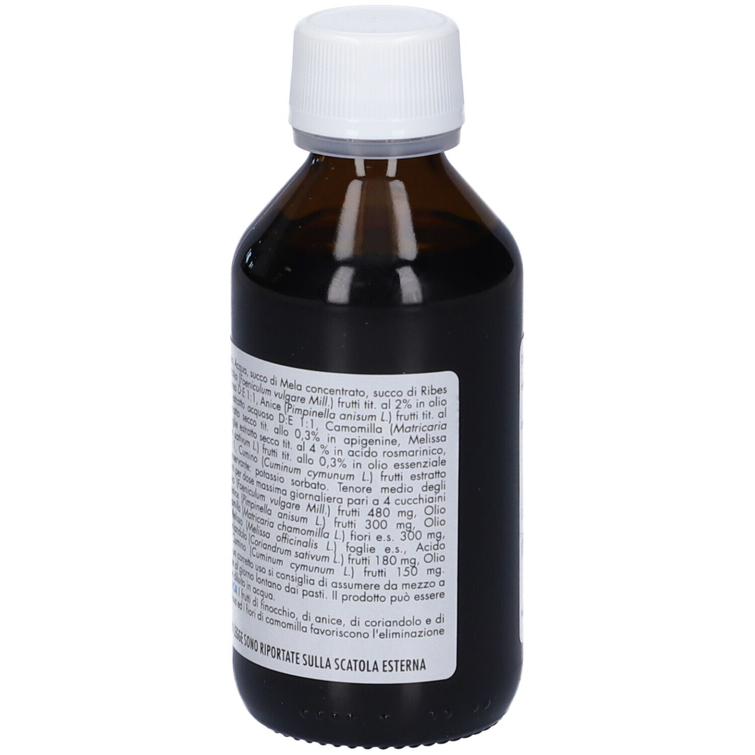 Flacone marrone con tappo bianco. Etichetta con ingredienti. Testo in italiano.