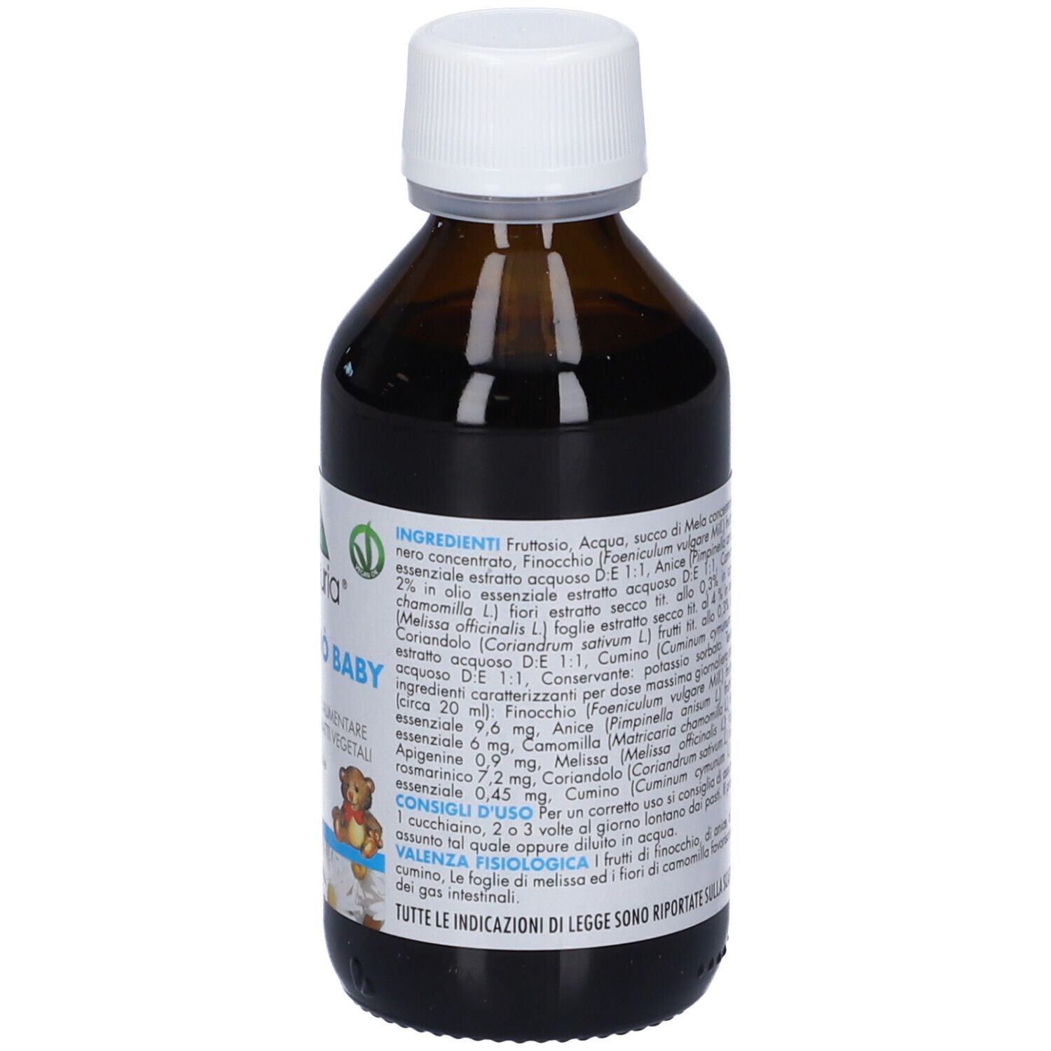 Flacone marrone con tappo bianco. Etichetta con ingredienti e dosaggio. Testo in italiano.