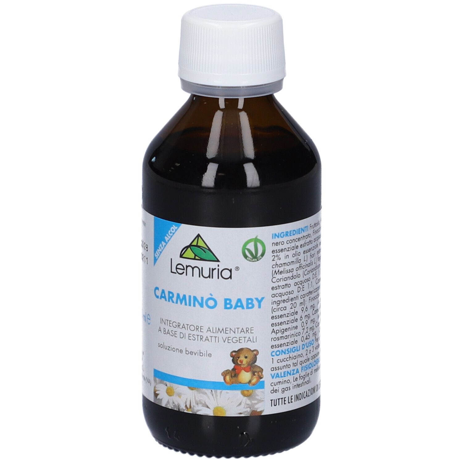 Flacone marrone con tappo bianco. Scritta: Carminò Baby, Lemuria. Etichetta con ingredienti e logo.