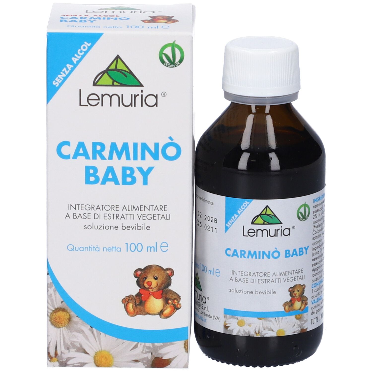 Confezione del prodotto con flacone e scatola. Scritta: Carminò Baby, Lemuria. Logo e informazioni sul prodotto.