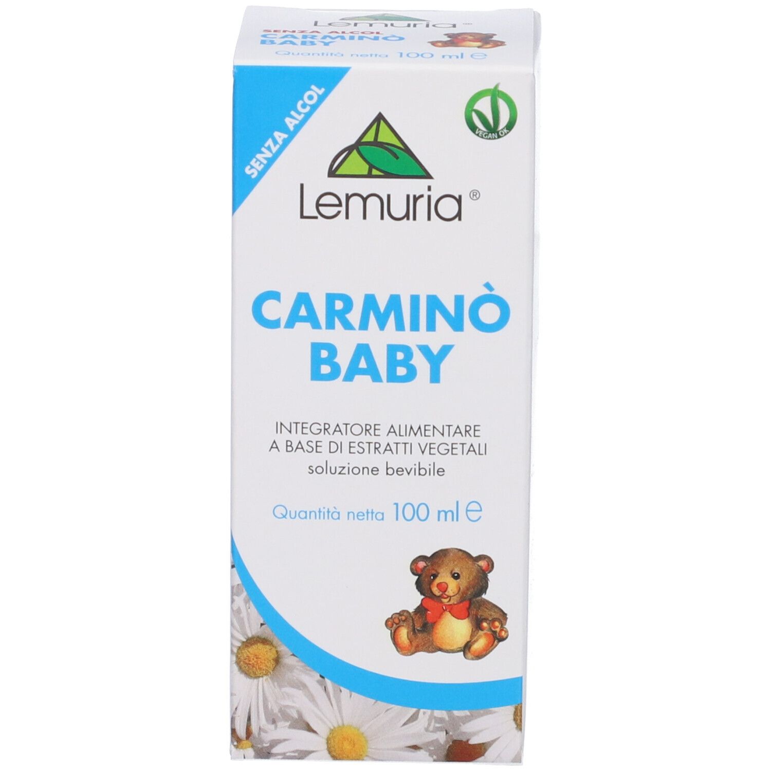 Confezione del prodotto con scatola. Scritta: Carminò Baby, Lemuria. Logo e informazioni sul prodotto.