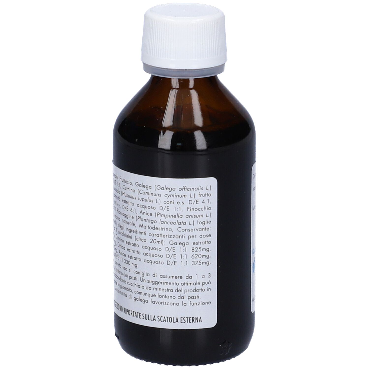 Flacone in vetro marrone, tappo bianco. Etichetta Mamma. Testo: Integratore alimentare a base di estratti vegetali. 100 ml.