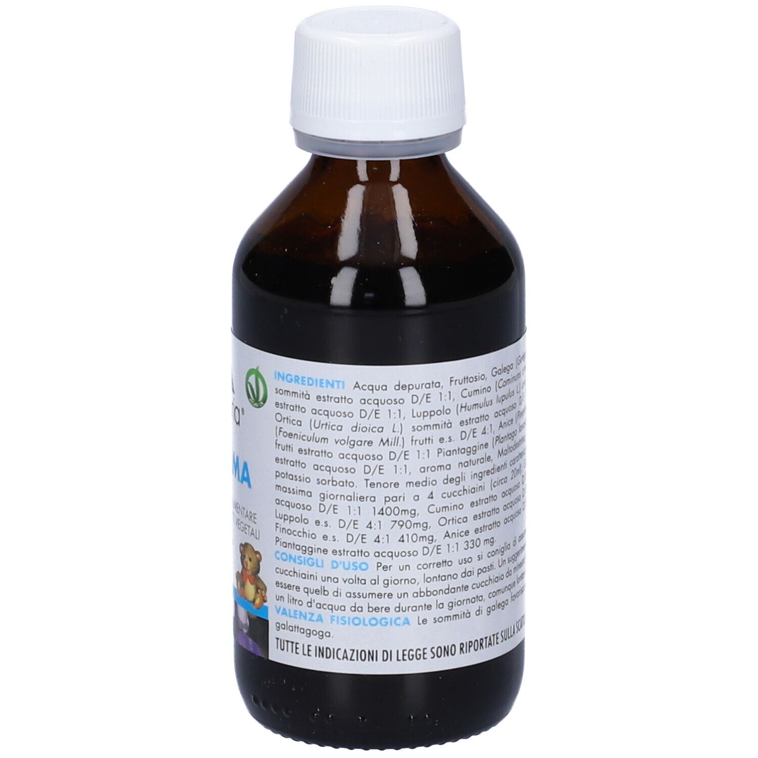 Flacone in vetro marrone, tappo bianco. Etichetta Mamma. Testo: Integratore alimentare a base di estratti vegetali. 100 ml.