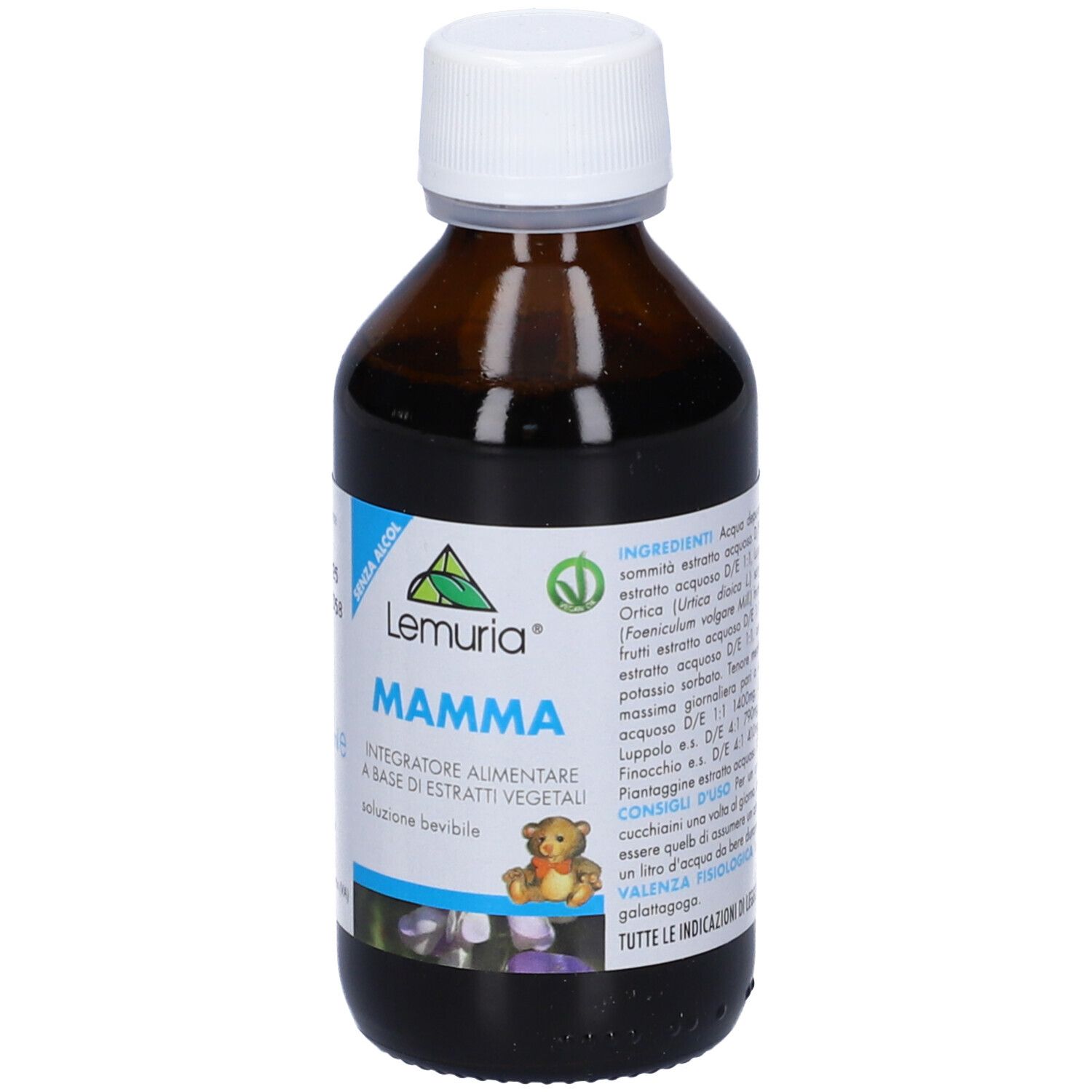 Flacone in vetro marrone, tappo bianco. Etichetta Mamma. Testo: Integratore alimentare a base di estratti vegetali. 100 ml.