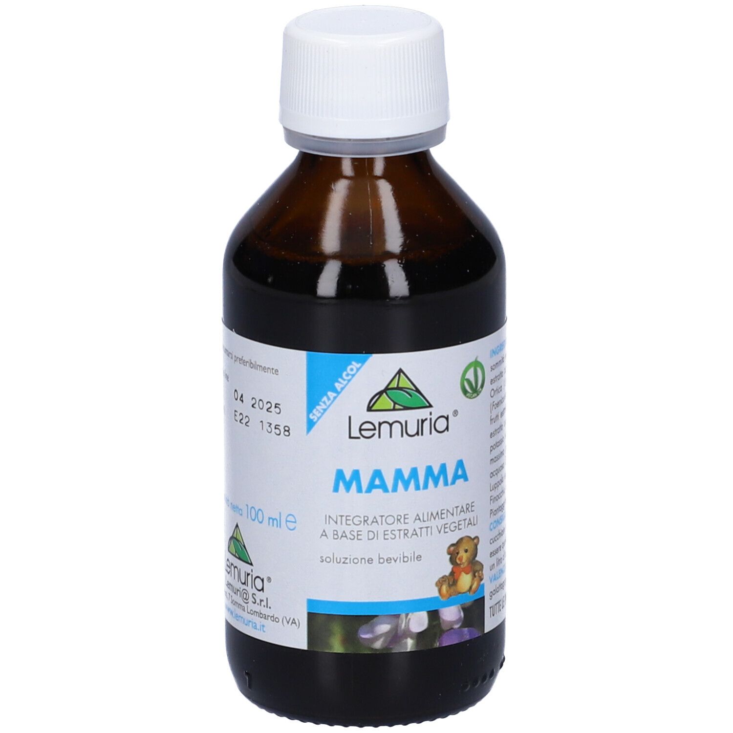 Flacone in vetro marrone, tappo bianco. Etichetta Mamma. Testo: Integratore alimentare a base di estratti vegetali. 100 ml.