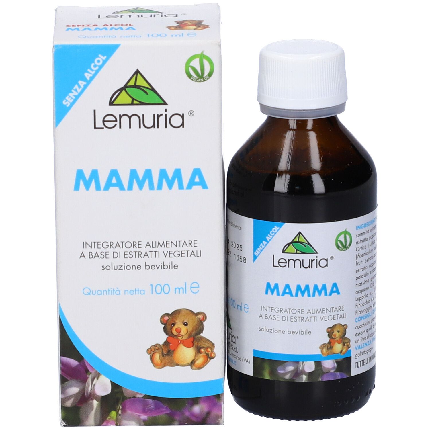 Prodotto Mamma in flacone e scatola. Flacone marrone, tappo bianco. Scatola con nome prodotto e illustrazione orsetto.