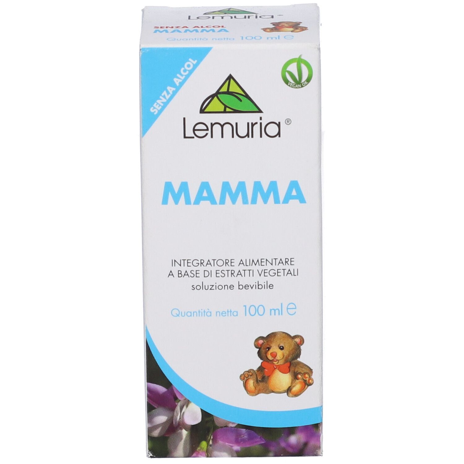 Scatola Mamma. Confezione blu e bianca con illustrazione orsetto. Testo: Integratore alimentare a base di estratti vegetali. 100 ml.