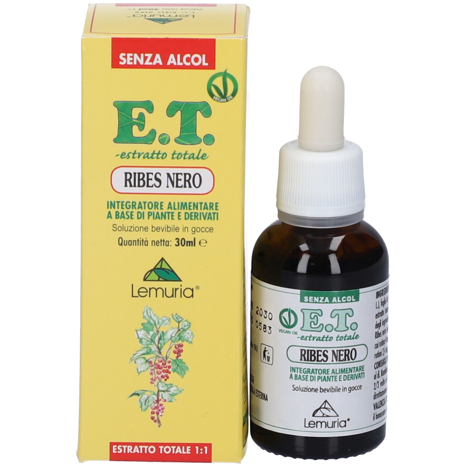 Flacone marrone con contagocce e scatola gialla. Scatola con testo: E.T. Ribes Nero, senza alcool, 30ml. Marca: Lemuria.