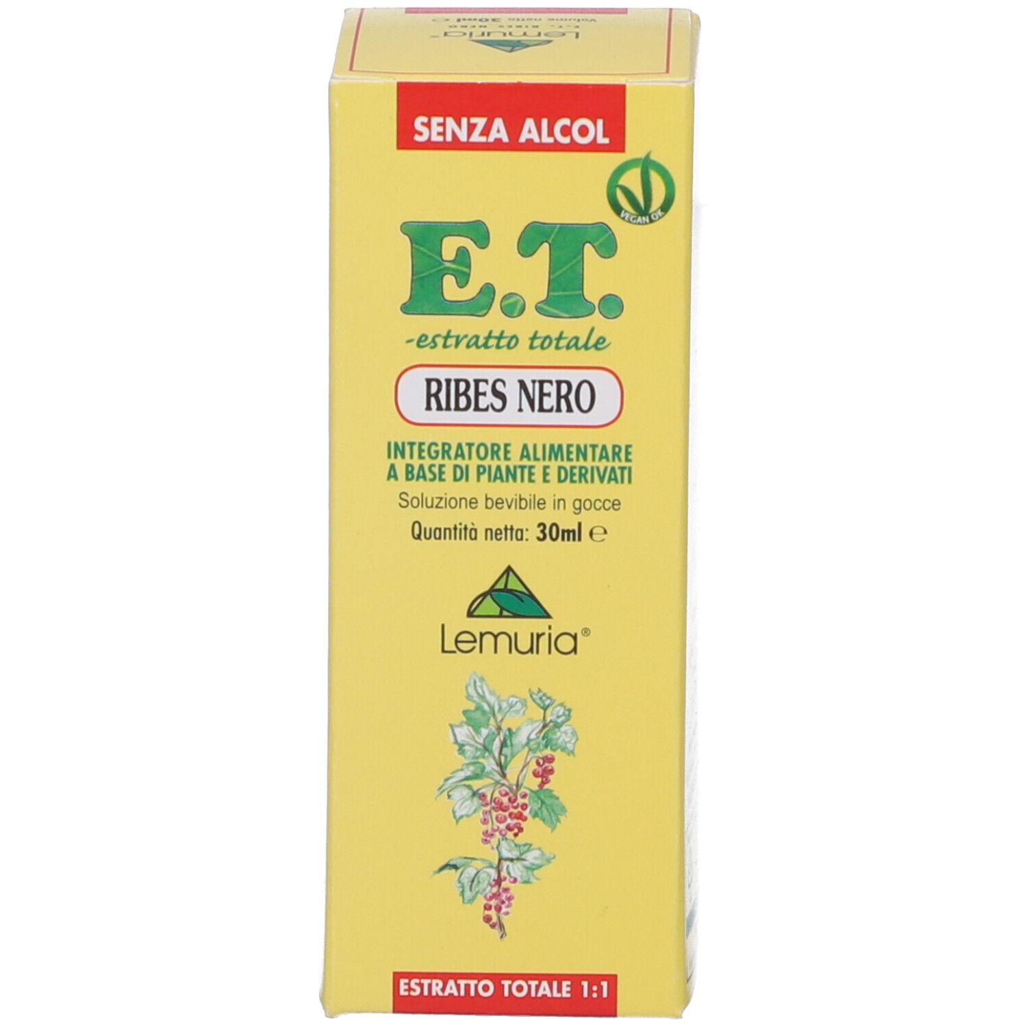Scatola gialla con testo: E.T. Ribes Nero, senza alcool. Marca: Lemuria. Illustrazione di ribes.