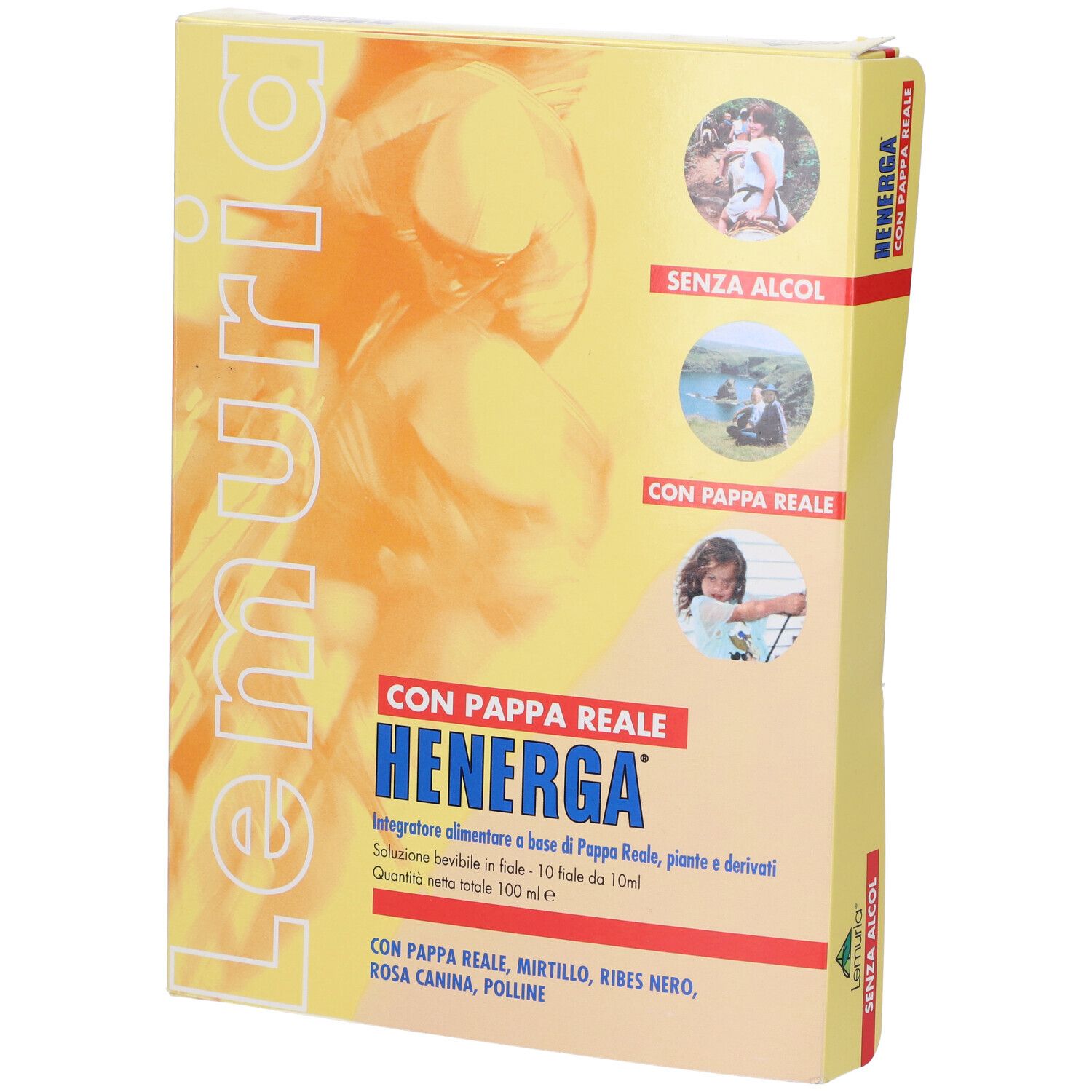 Scatola gialla Henerga. Testo: Con Pappa Reale, senza alcool. Immagini di persone. Ingredienti e informazioni.
