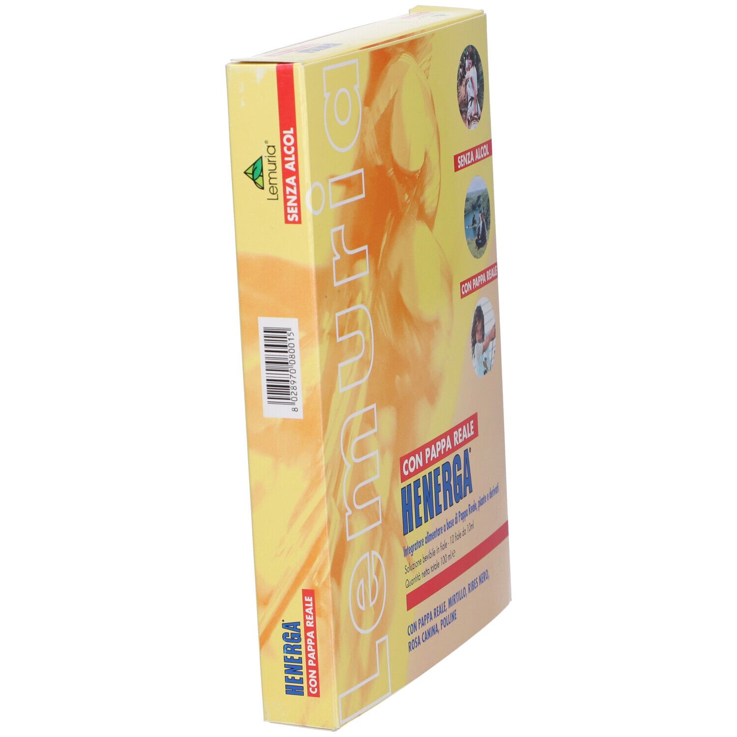 Scatola gialla Henerga. Testo: Con Pappa Reale, senza alcool. Logo Lemuria. Codice a barre.