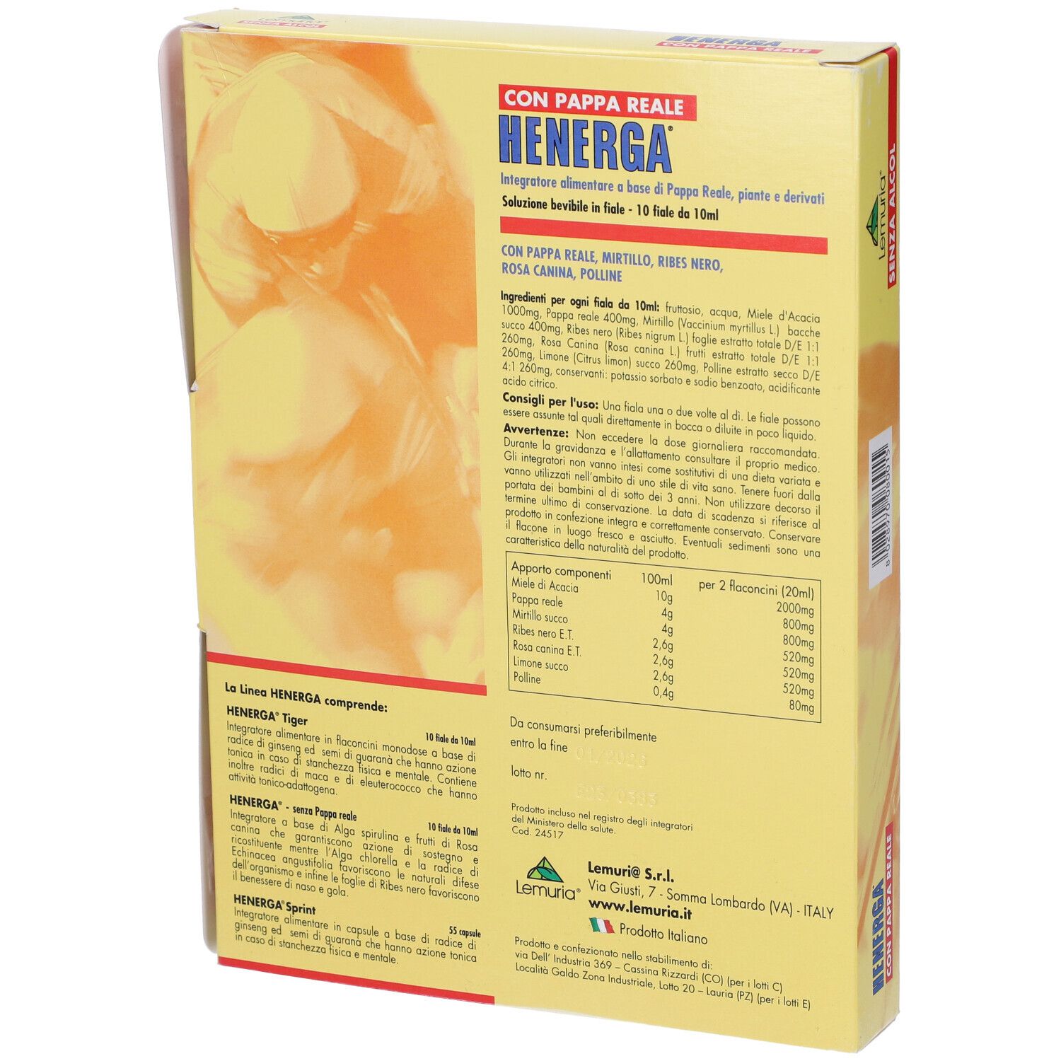 Retro della scatola gialla Henerga. Testo: Con Pappa Reale. Elenco ingredienti, informazioni nutrizionali, produttore.