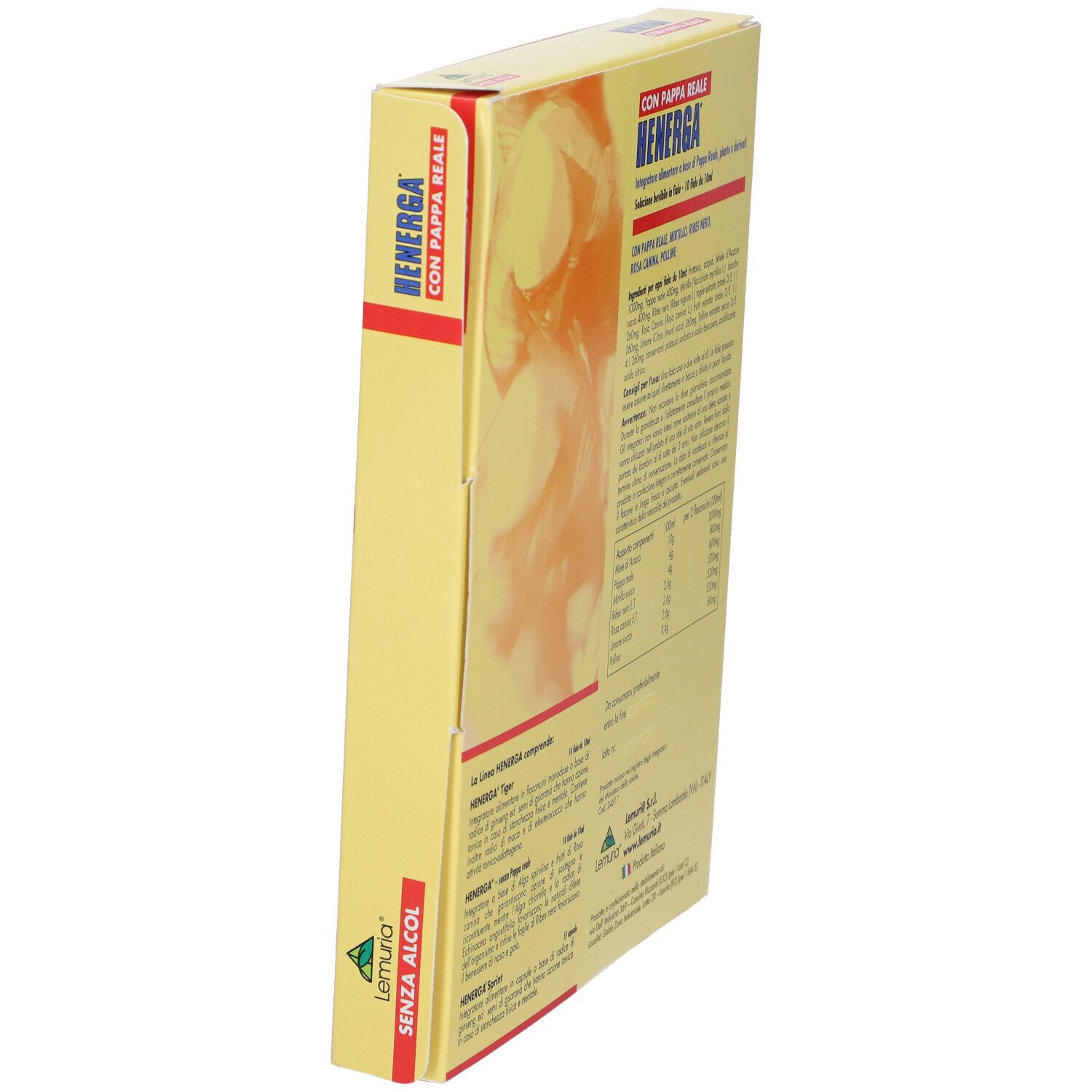 Lato della scatola gialla Henerga. Testo: Con Pappa Reale, senza alcool. Informazioni del produttore.