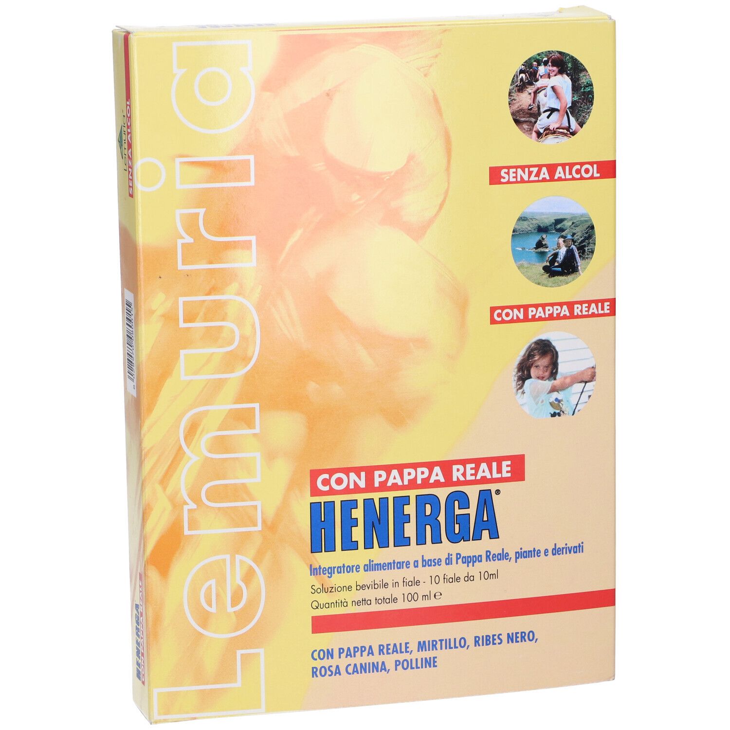 Scatola gialla Henerga. Testo: Con Pappa Reale, senza alcool. Immagini di persone. Ingredienti e informazioni.